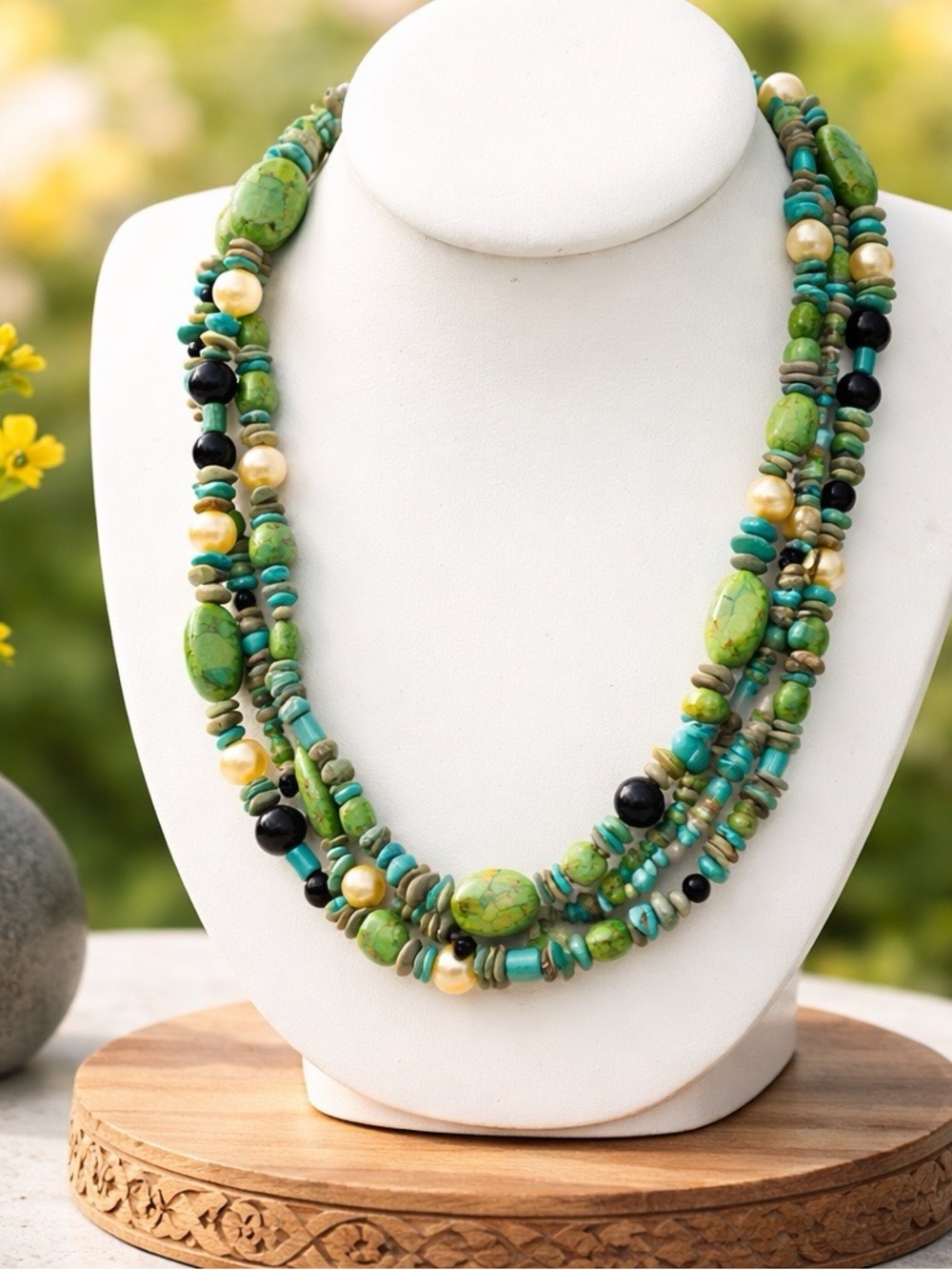 Jay King DTR Turquoise Pearl Onyx 3 Strand Necklace 16-18” 925 Boho Southwest